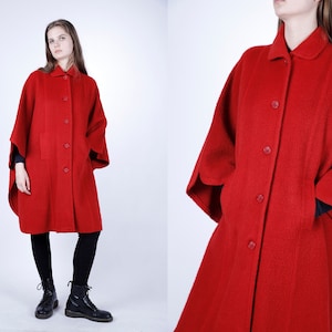 1970s Vintage Red Poncho Wool Winter Cape Autumn Overcoat Mantle Greatcoat Coat for Women