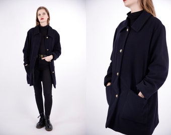1970s Vintage Dark Marine Blue Pure New Wool Winter Autumn Coat for Women