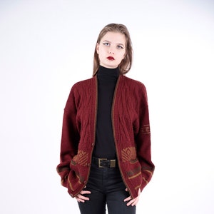 70s Vintage Cardigan Cosy Fluffy Warm Colourful Autumn Winter Icelandic Yellow Green Crimson Red Colourful Patterned for Women