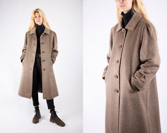 1960s Vintage Brown Beige Coat Striped Loden Cosy Llama Wool Winter Autumn Longcoat Topcoat Greatcoat for Women