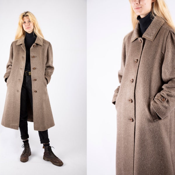 Années 1960 vintage Marron Beige Manteau Rayé Loden Cosy Lama Laine Hiver Automne Longcoat Topcoat Greatcoat pour les femmes