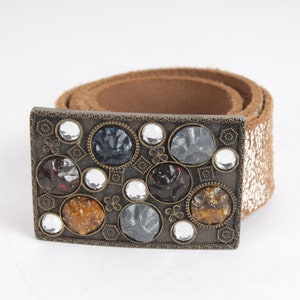 Vintage White Leather Belt Gem Stones Buckle Western Belt Genuine Leather Real Leather Steel Buckle