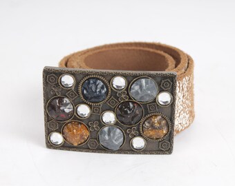GARUGLIERI Italian Leather Belt | White Studded Hair-on-hide  display picture 2