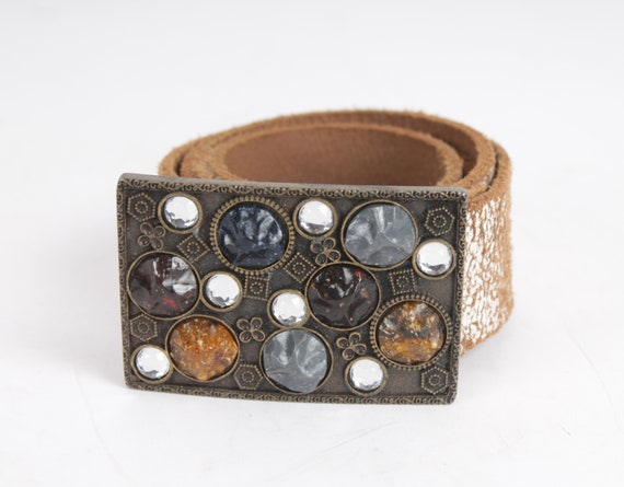 Vintage White Leather Belt: Gemstone Buckle, Western Style  display picture 1