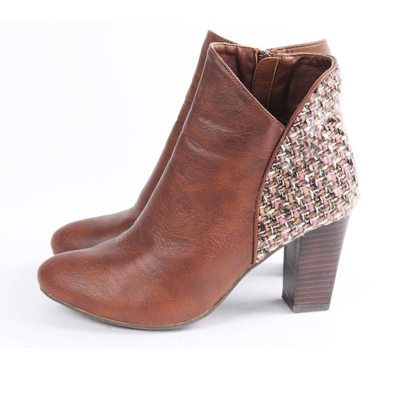 Vintage Brown Faux Leather Ankle Boots, Woven Heel Panels, Block Heel (EU 39)