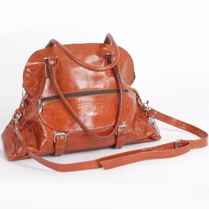 Vintage Cognac Brown Leather Weekend Bag Handbag Genuine Leather Bag Shoulder Men or Women