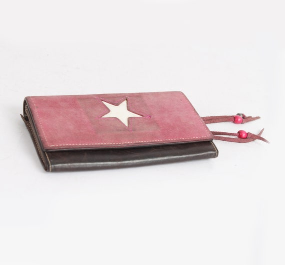 Vintage Leather Wallet Suede Red Black White Star… - image 1