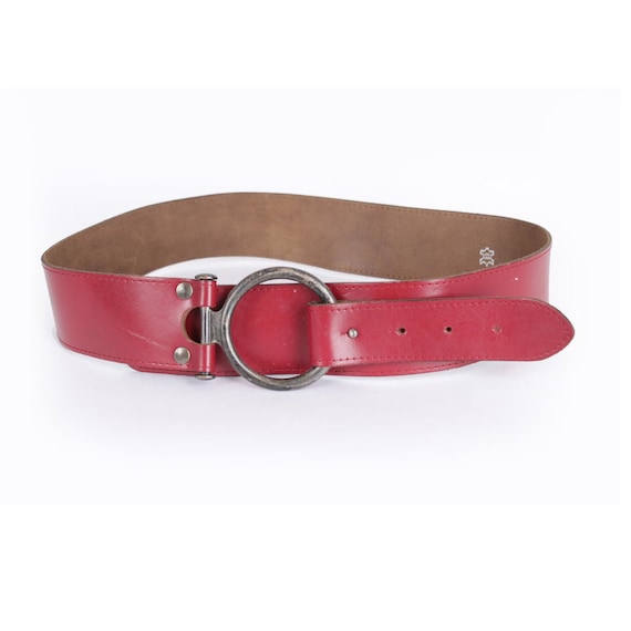 Vintage Red Leather Waist Belt: Western Style Steel Buckle  display picture 3