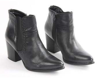US6 Vintage Black Novocento Chelsea Block Heel Leather Zipper Ankle Boots for Women size EU 37 UK 4 US 6