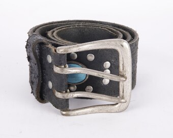 Vintage Black Bohemian Turquoise Distressed Studded Leather Belt Sturdy Full Grain Two Forked Belt Buckle