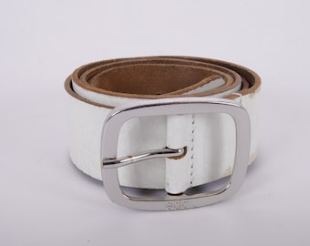 Garuglieri White Studded Italian Leather Belt Scalloped Boho Western Festival GARUGLIERI Italian Leather Belt | White Studded Hair-on-hide  main image 4