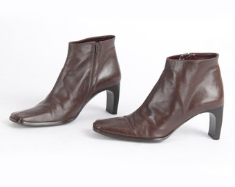 Botines vintage de piel marrón: elegante tacón de bloque, talla 8 de EE. UU. / 38 de UE