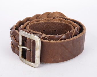 Vintage Brown Cognac Bohemian Boho Leather Belt Studded Interwoven Genuine Leather Real Leather Square Buckle