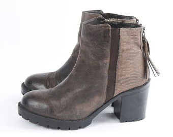 US6 Vintage Snake Brown Leather Block Heel Ankle Boots for Women size EU 37 UK 4 US 6