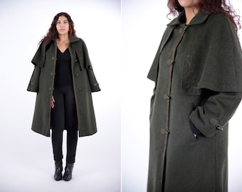 années 1970 vintage Green Olive Wool Loden Longcoat Semi-Mantle Greatcoat Pardessus Automne Hiver pour les femmes