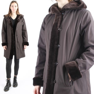 1980s Vintage Light Brown Hood Longcoat Greatcoat With Faux Fur Cuffs and Collar Hooded for Women