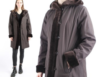 1980s Vintage Hooded Longcoat with Faux Fur Trim