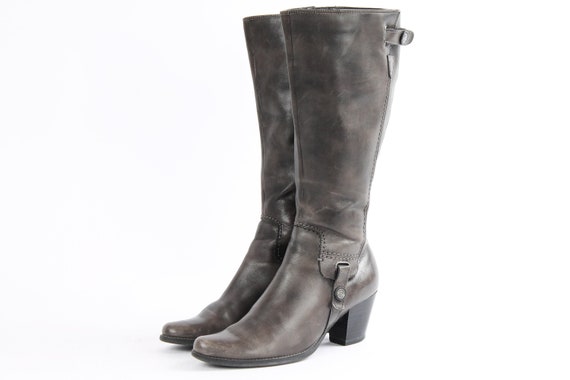 Vintage Grey Leather Knee High Buckle Boots, EU 37 / US 6.5