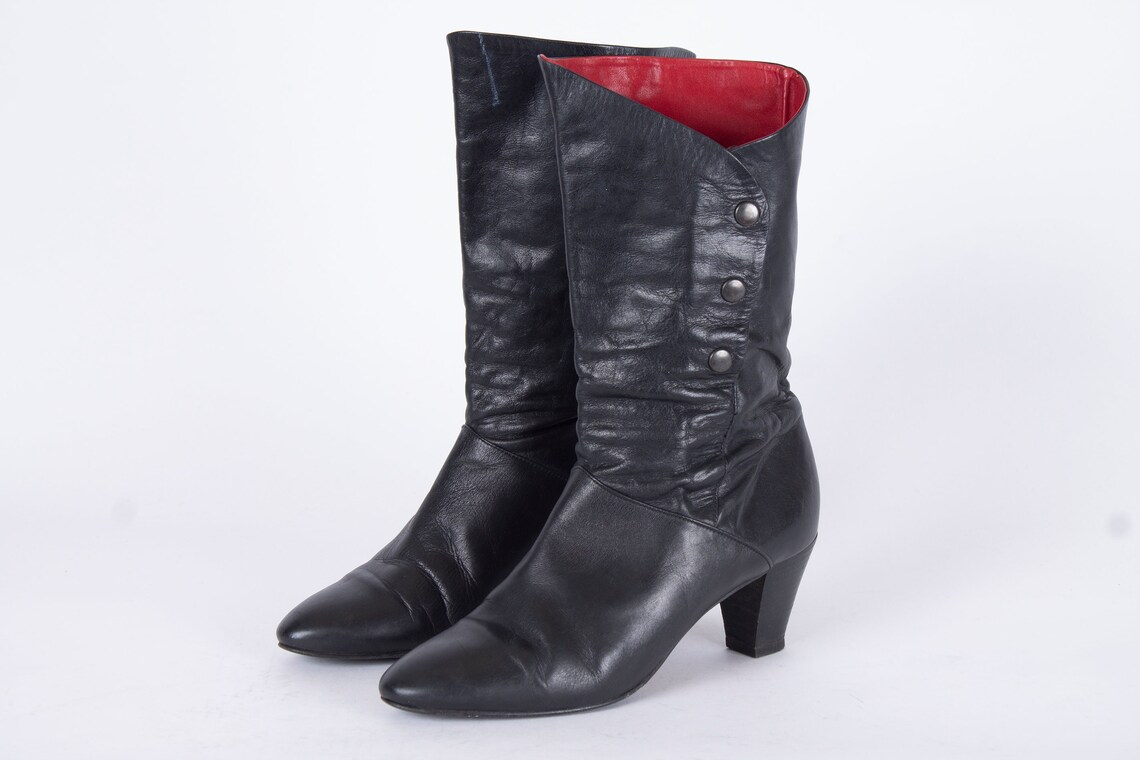 Vintage Black Leather Ankle Boots, Side Snap Buttons, EU 38 / US 7.5, foto 2 di 5