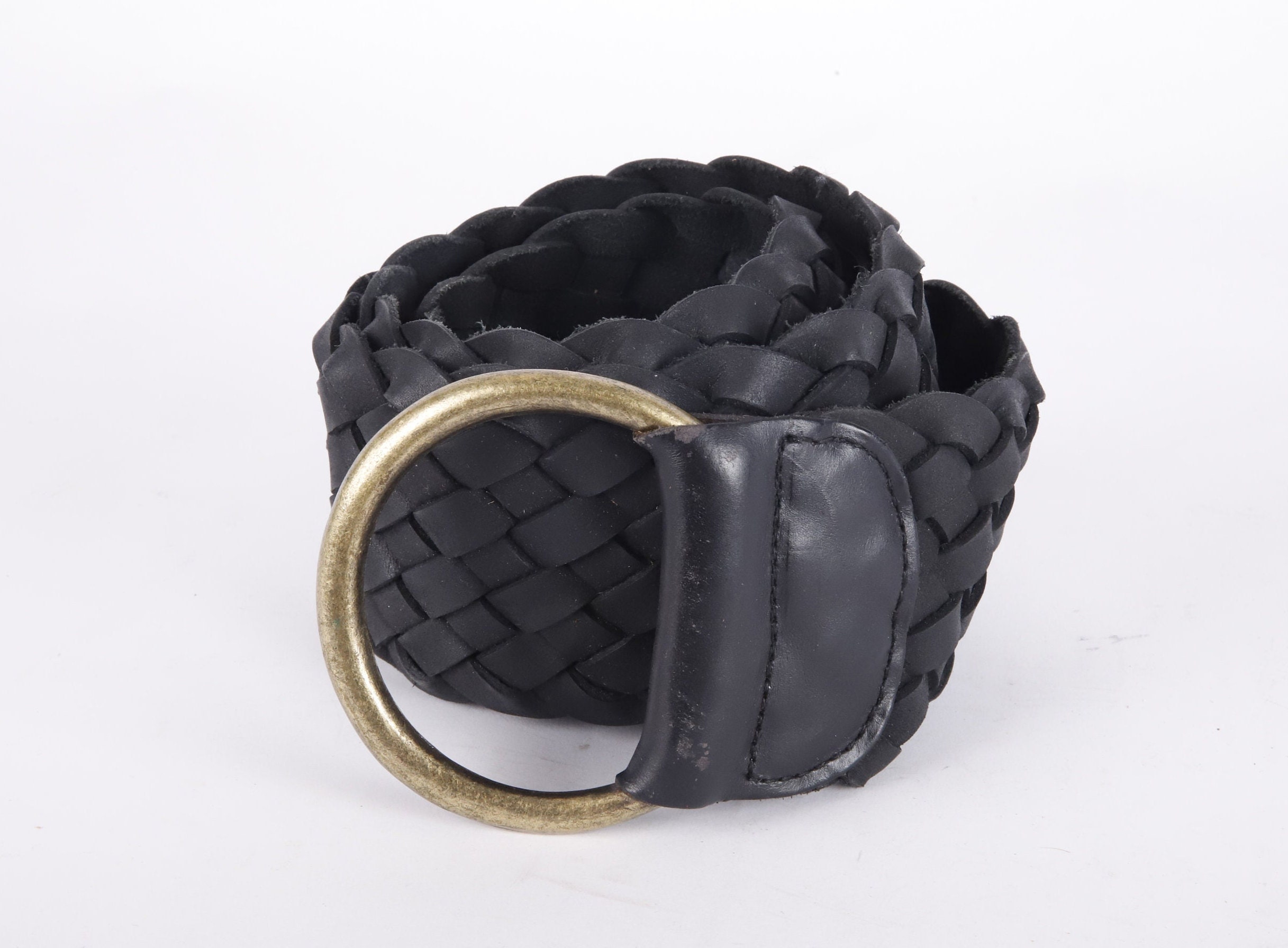 Hand-woven leather belt made in India Black with Round Buckle size M Black Leather Woven Belt | Turnbull & Asser – Turnbull  main image 3