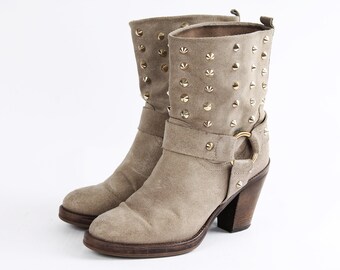 US8.5 Vintage Spike Studded Belted Suede High Heel Beige Booties Leather Elegant Ankle Boots Women size EU 39 UK 6.5 US 8.5