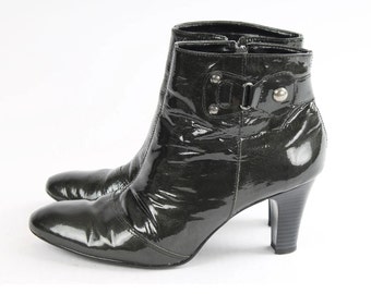 US9 Vintage Black Patent Glossy Faux Leather High Heel Made in Brazil Hippie Festival Boots for Women size EU 40 UK 7.5 US 9