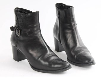 US10.5 Vintage Black Belted Leather Buckle Zipper Made in Italy Ankle Boots for Women size EU 41 UK 8.5 US 10.5