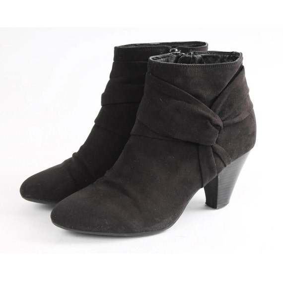 1990s Black Faux Leather Block Heel Boots, Side Tie, EU38 / US7.5