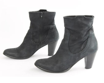 Vintage Black Leather Suede Ankle Boots - Boho Heel, US 10.5