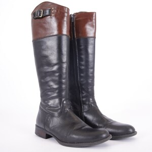 High Leather Boots Pull On Black Cognac Small Heel Zipper Vintage Shiny Leather Booties for Women size EU39 / UK6.5 / US8.5