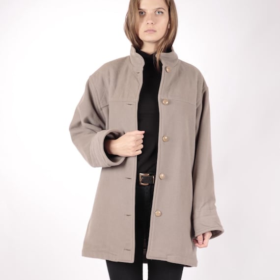 Vintage Beige Pure Wool Coat, Concealed Buttons, Women’s Small Medium