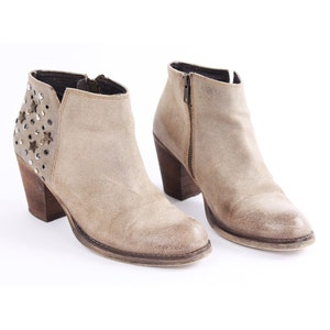 Vintage Suede Ankle Booties: Beige Studded High Heel Boots (US 8.5 / EU 39)