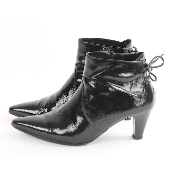 Vintage Glossy Black Faux Leather Ankle Boots, EU 37 / US 6.5