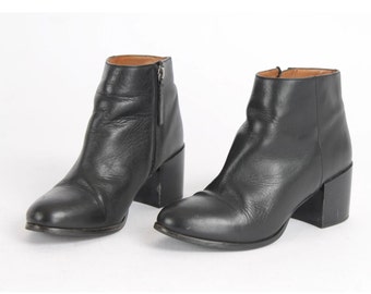 US7.5 Vintage Block Heel Black Zipper Leather Boots for Women size EU38 UK5.5 US7.5