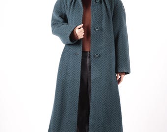 1970s Vintage Patterned Mohair Blue Coat Wool Greatcoat Overcoat Winter Autumn for Women