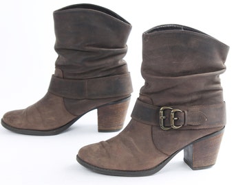 US10.5 Vintage Brown Leather Western Booties Charming Buckle Stacked Heel Booties Belted Boots for Women size EU 41 UK 8.5 US 10.5