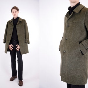 1970s Vintage Green Olive Wool Mohair Longcoat Greatcoat Overcoat Autumn Winter for Men
