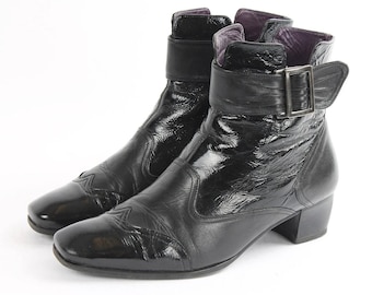 Vintage lakierowane botki do kostki: czarne buty na obcasie z paskiem (US 6 / EU 36,5)