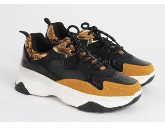 Vintage Graceland Platform Sneakers: Yellow Suede & Snakeskin Print (US6.5 / EU37)