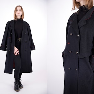 1970s Wool Alpaca Loden Overcoat: Vintage Grey Winter Coat with Red Trim