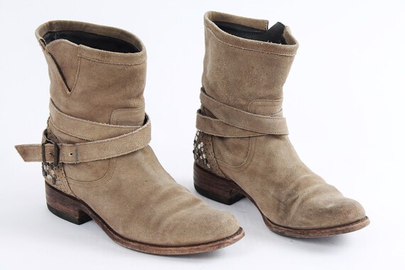 【U LAN】Vintage painted belted mid boots US7.5 Vintage Belted Beige Buckle Leather Boots for Women