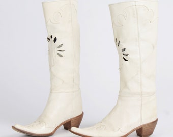 US4.5 Western Cowboy Boots White High Calf Pull On Womens EU35 UK2.5 US4.5