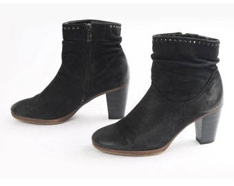 Vintage Black Leather Studded Ankle Boots - Bohemian Zipper Boots US7.5 EU38