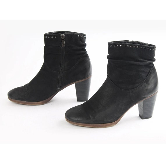Vintage Black Leather Studded Ankle Boots - Bohemian Zipper Boots 