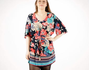 90s Vintage Black Red Blue Colorful Floral Patterned Dress