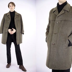 1970s Vintage Green Olive Wool Longcoat Greatcoat Overcoat Autumn for Men