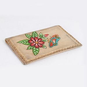 Cartera vintage de cuero coñac con diseño floral de gamuza Cartera de cuero marrón Accesorios retro genuinos para mujer Idea de regalo