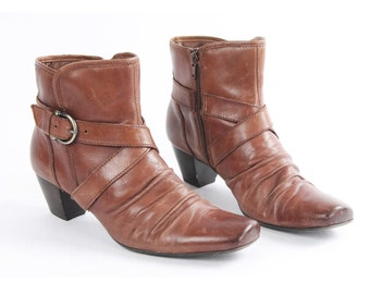 US10.5 Vintage Braun Dalcir Leder Vintage Schnalle Medium Heel Booties Gürtel Stiefel für Frauen Größe EU 41 UK 8.5 US 10.5