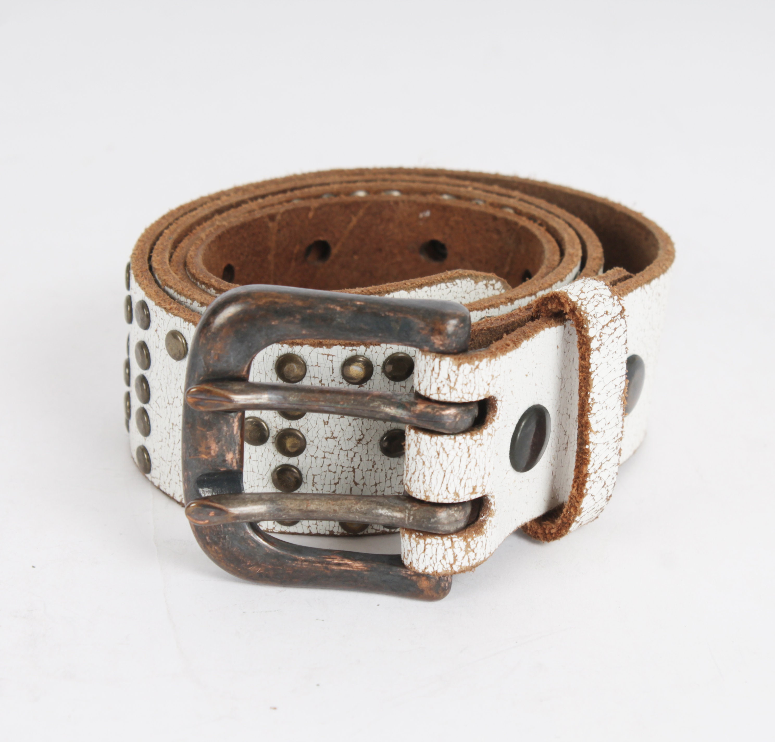 Vintage White Distressed Leather Western Belt: Studded  display picture 2