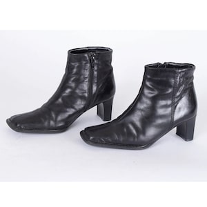 US7.5 Vintage Booties Wide Nose Black Zip Up Leather Ankle Boots for Women size EU38 UK5.5 US7.5